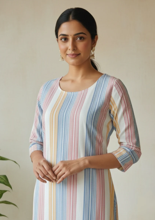 Gestreifte Handweb-Kurta aus Baumwolle – Gerade Passform mit Taschen | Velnorah