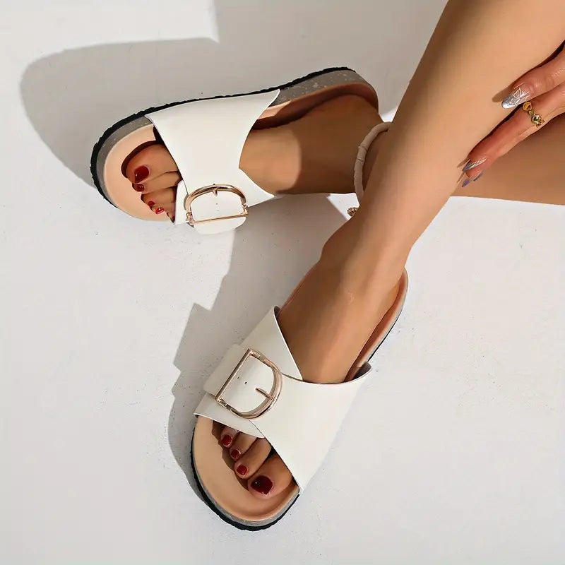 Damen Sandalen flach mit verstellbaren Schnallenriemen