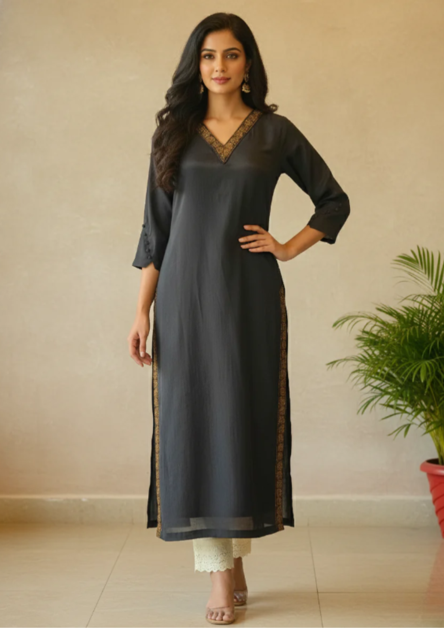 Gerade Kurta Kleid mit Stickerei | Velnorah