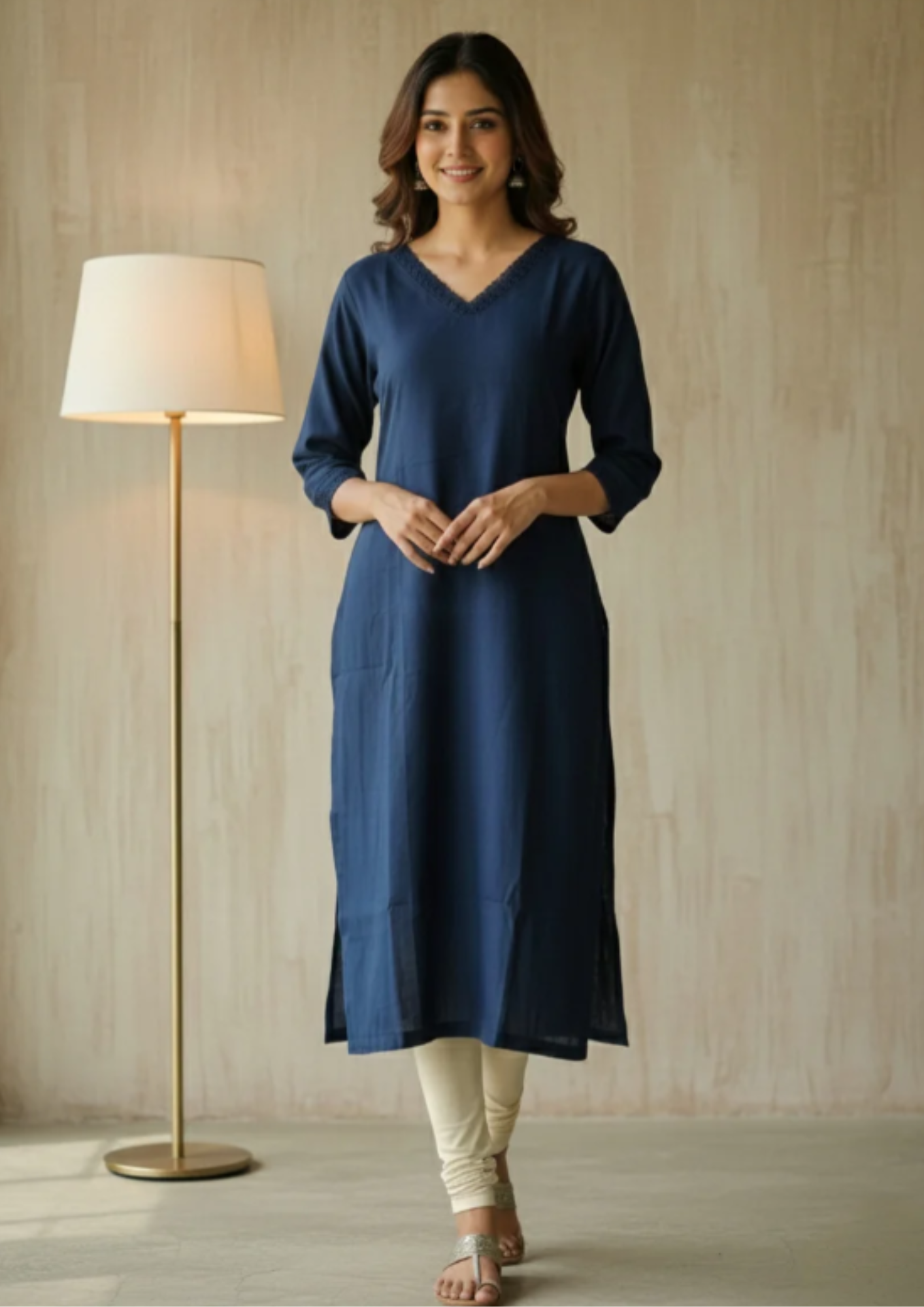 Viskose Kurta mit V-Ausschnitt und Seitenschlitz – Fließendes Damen-Oberteil | Velnorah
