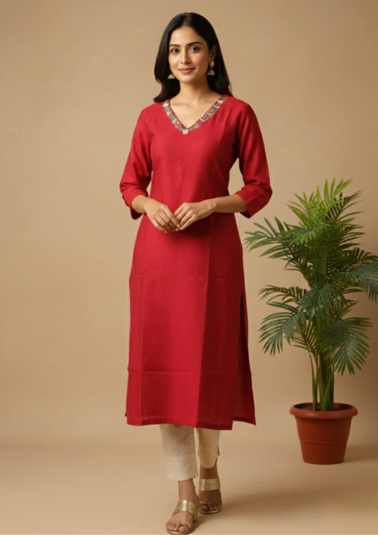 Viskose Kurta mit V-Ausschnitt und Seitenschlitz – Elegantes Damen-Oberteil | Velnorah