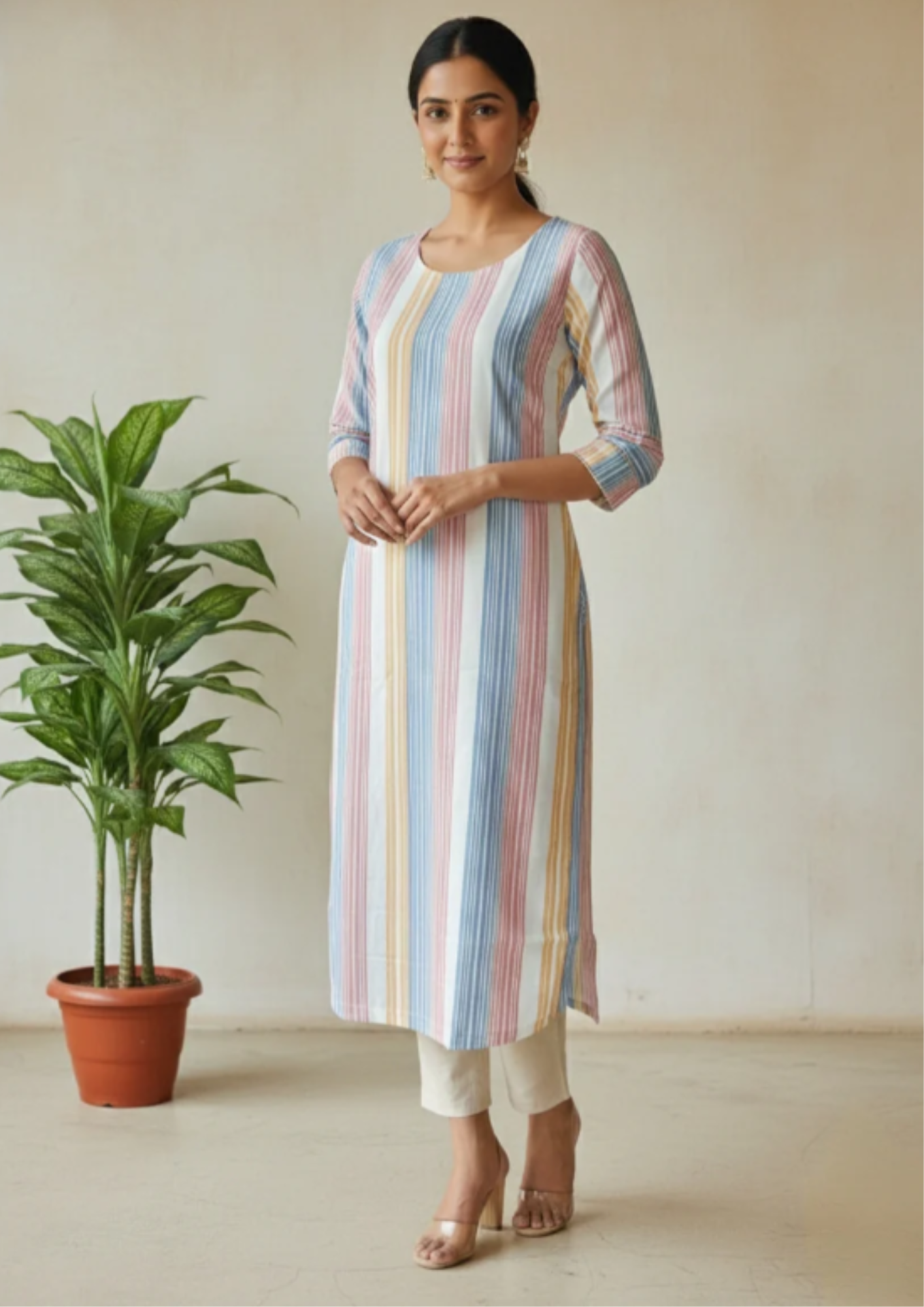 Gestreifte Handweb-Kurta aus Baumwolle – Gerade Passform mit Taschen | Velnorah