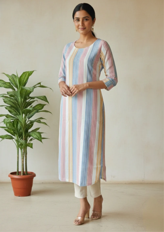 Gestreifte Handweb-Kurta aus Baumwolle – Gerade Passform mit Taschen | Velnorah