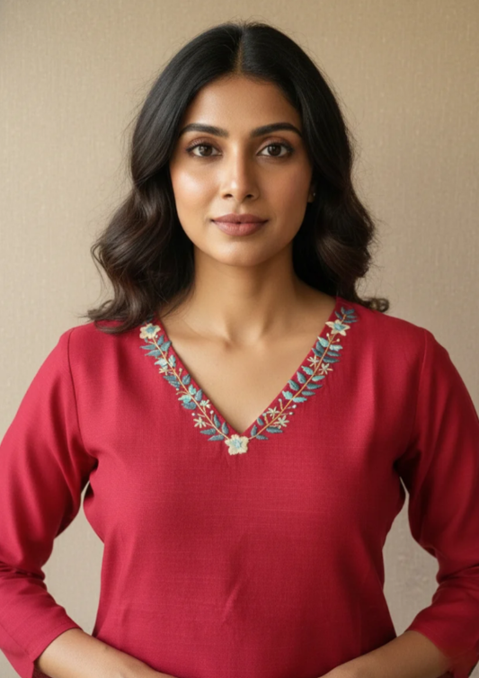 Viskose Kurta mit V-Ausschnitt und Seitenschlitz – Elegantes Damen-Oberteil | Velnorah