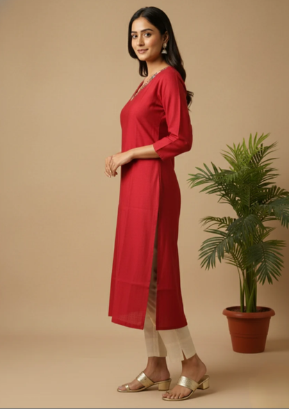 Viskose Kurta mit V-Ausschnitt und Seitenschlitz – Elegantes Damen-Oberteil | Velnorah