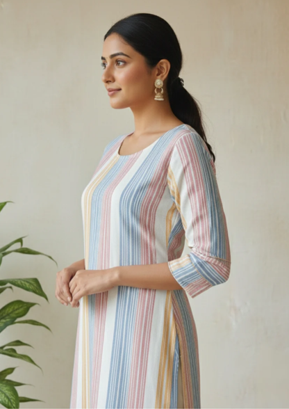 Gestreifte Handweb-Kurta aus Baumwolle – Gerade Passform mit Taschen | Velnorah