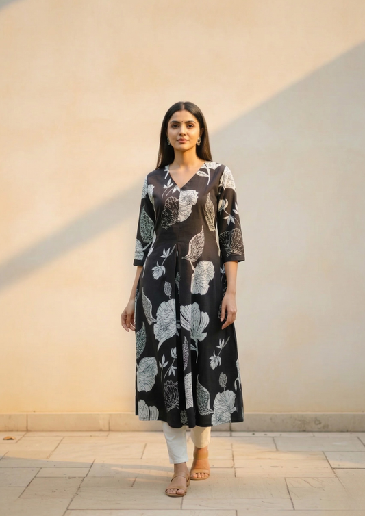 A-Linien Kleid aus Baumwolle mit großem Blumenprint in Schwarz | Velnorah