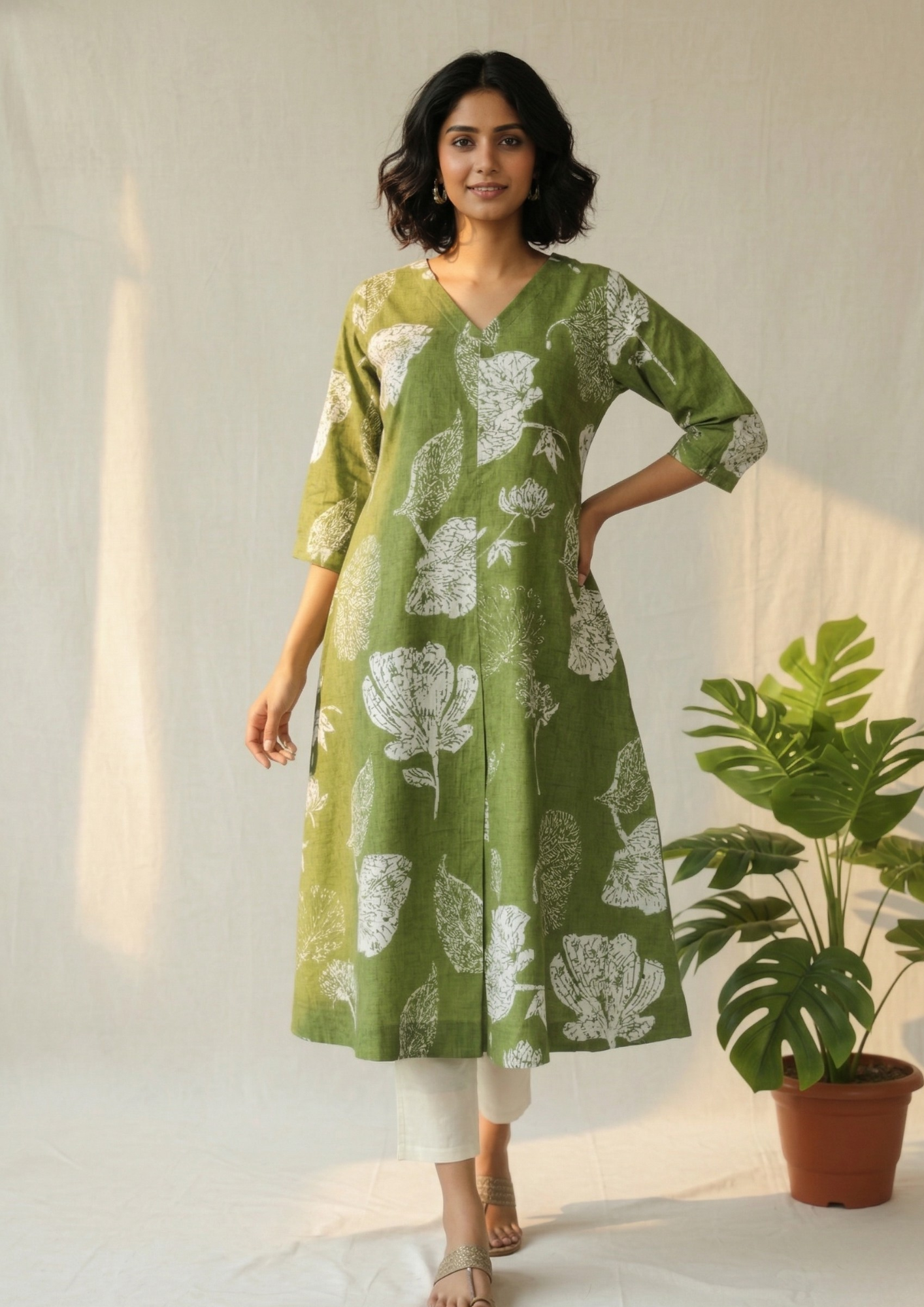 A-Linien Kleid aus Baumwolle mit großem Blumenprint in Schwarz | Velnorah