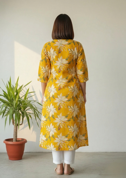 A-Linien Kleid aus Baumwolle mit großem Blumenprint in Schwarz | Velnorah