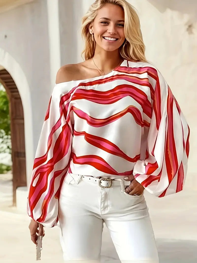 Asymmetrische Bluse Damen Ein Schulter Ballonärmel-Velnorah