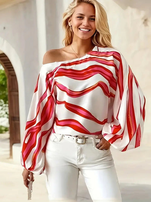 Asymmetrische Bluse Damen Ein Schulter Ballonärmel-Velnorah