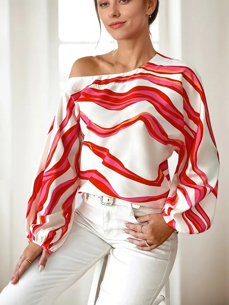 Asymmetrische Bluse Damen Ein Schulter Ballonärmel-Velnorah