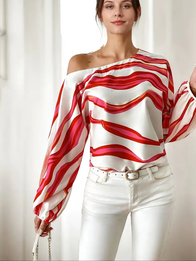 Asymmetrische Bluse Damen Ein Schulter Ballonärmel-Velnorah