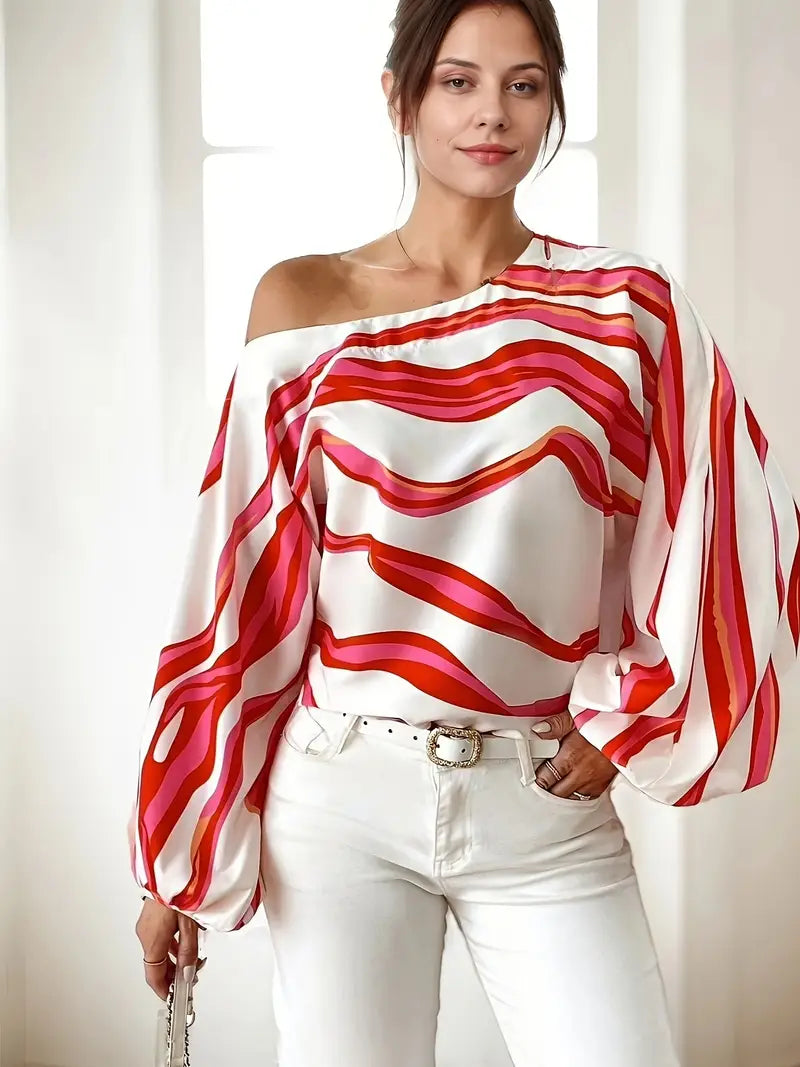 Asymmetrische Bluse Damen Ein Schulter Ballonärmel-Velnorah