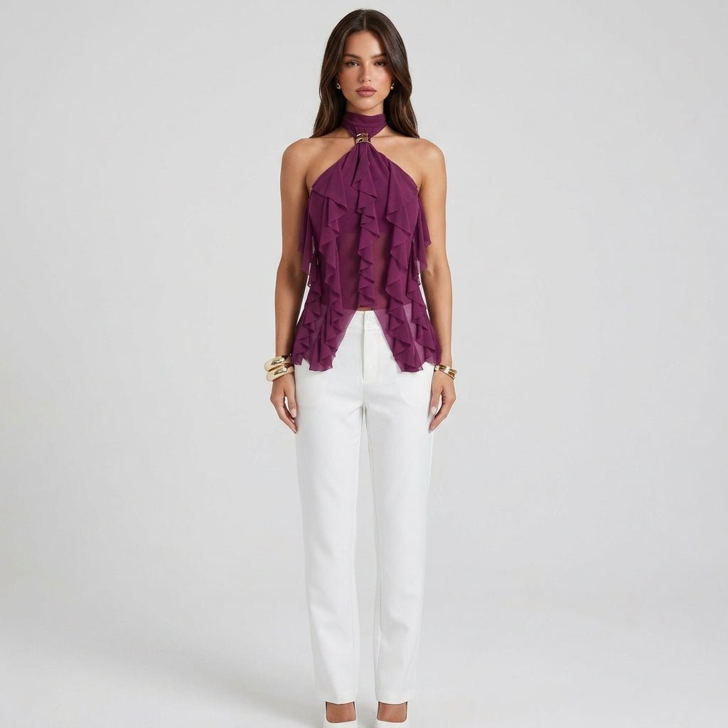 Chiffon Haltertop Damen Rüsche Formal-Velnorah