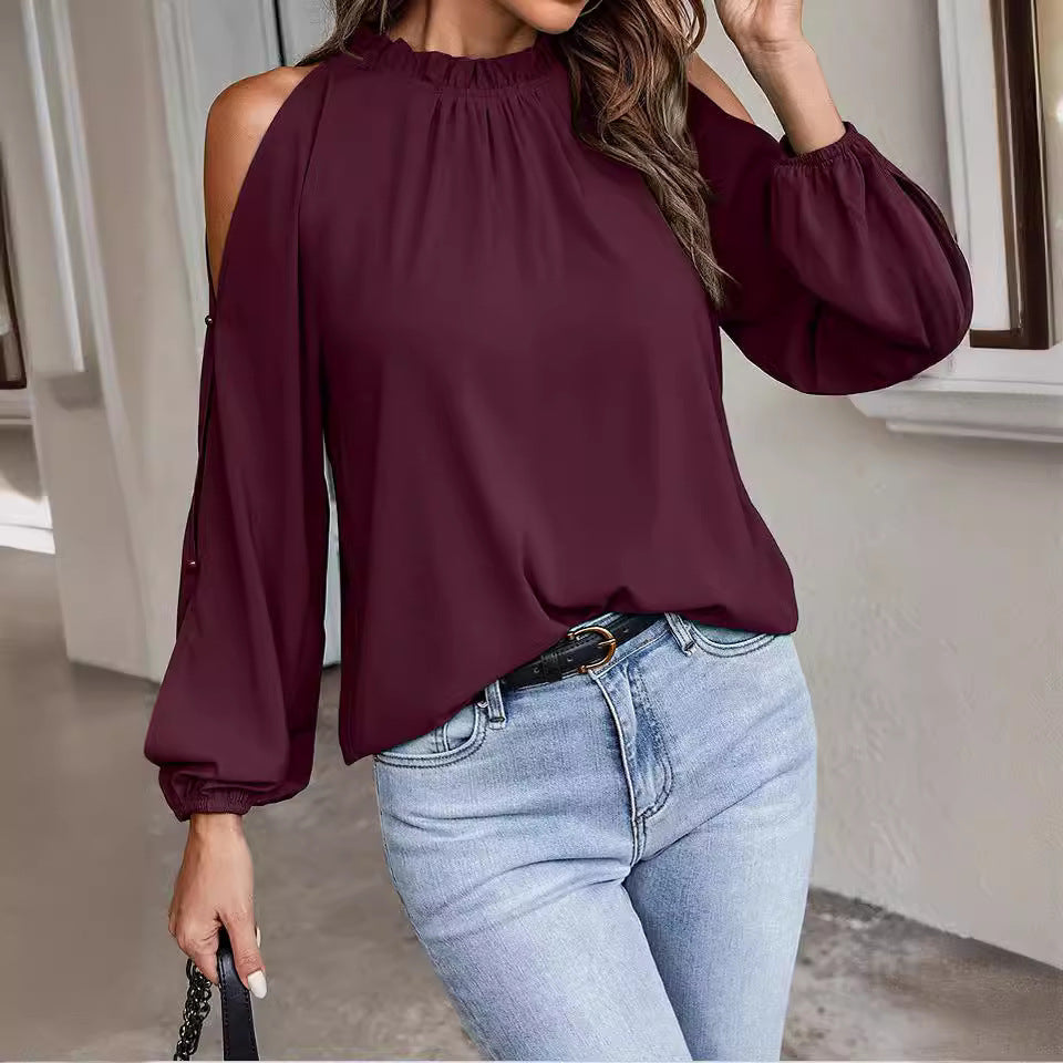 Stylische Damen Bluse mit Schulteröffnungen und elastischen Ärmeln | Velnorah