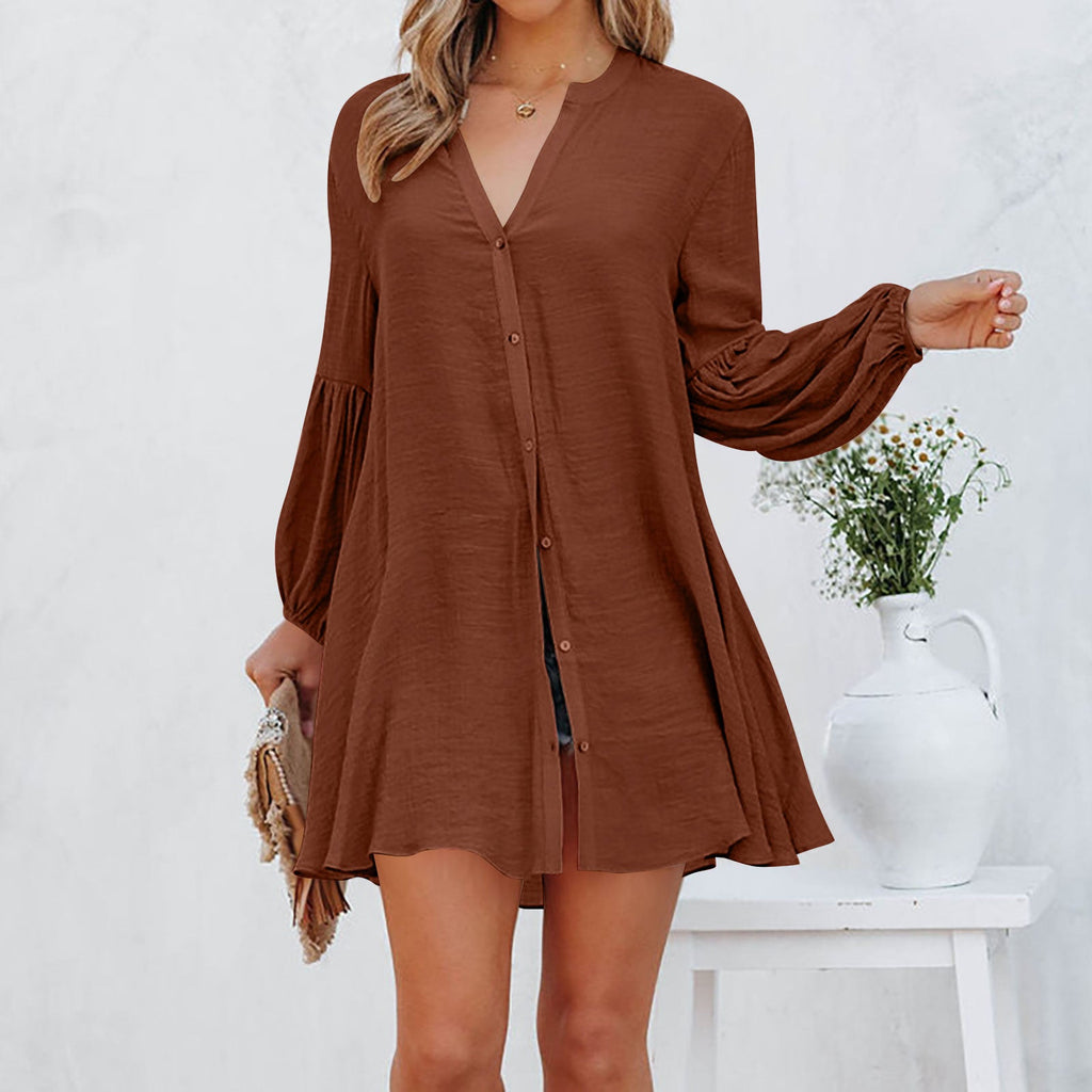 Stilvolles Damen Blusen-Kleid mit Knopfdetails und Ballonärmeln | Velnorah