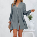 Stilvolles Damen Blusen-Kleid mit Knopfdetails und Ballonärmeln | Velnorah
