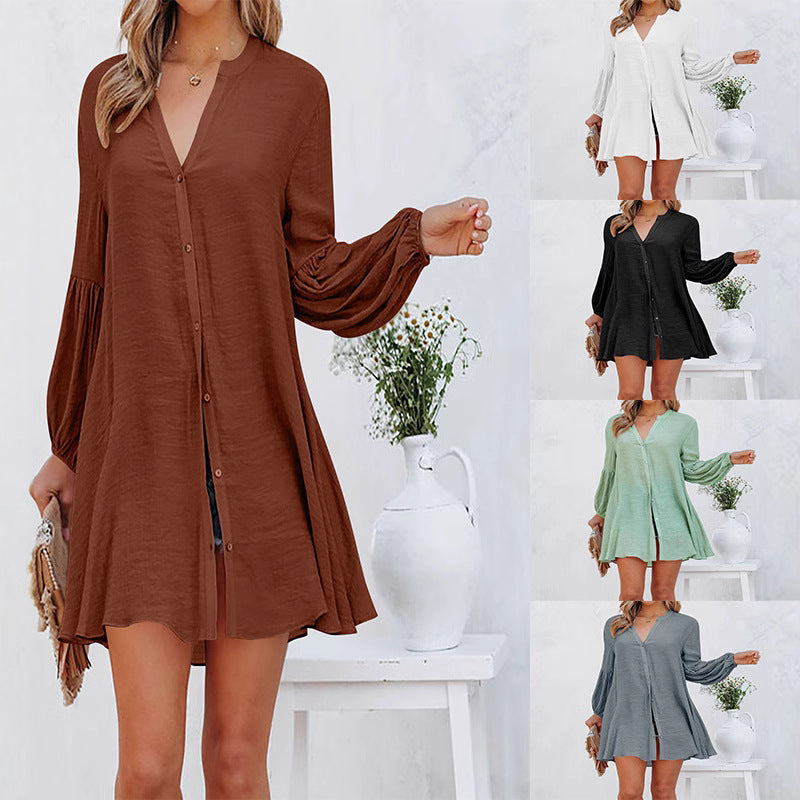 Stilvolles Damen Blusen-Kleid mit Knopfdetails und Ballonärmeln
