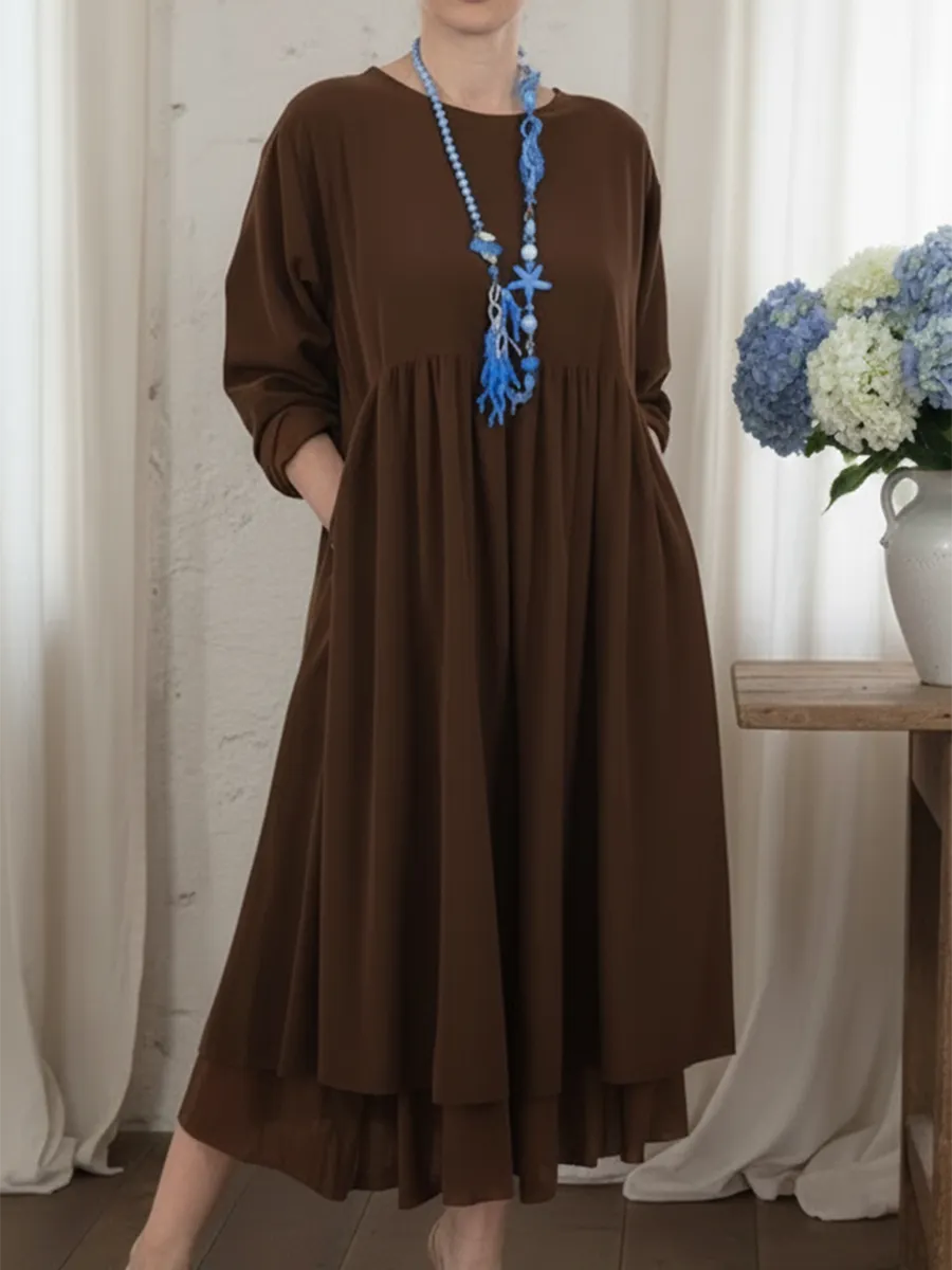 Damen Elegante Midi Kleid Mit Lockere Passform Und Langen Ärmeln-Velnorah