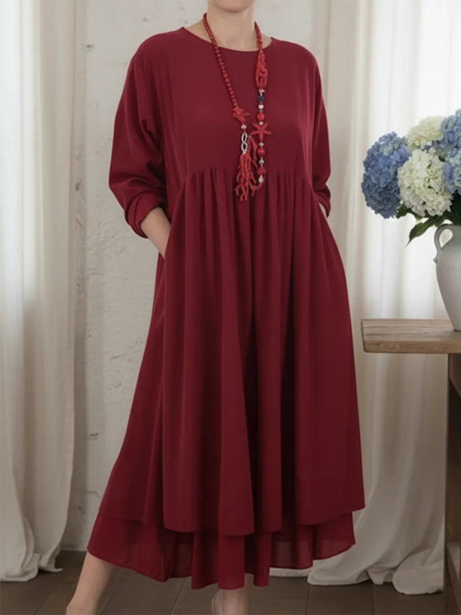 Damen Elegante Midi Kleid Mit Lockere Passform Und Langen Ärmeln-Velnorah