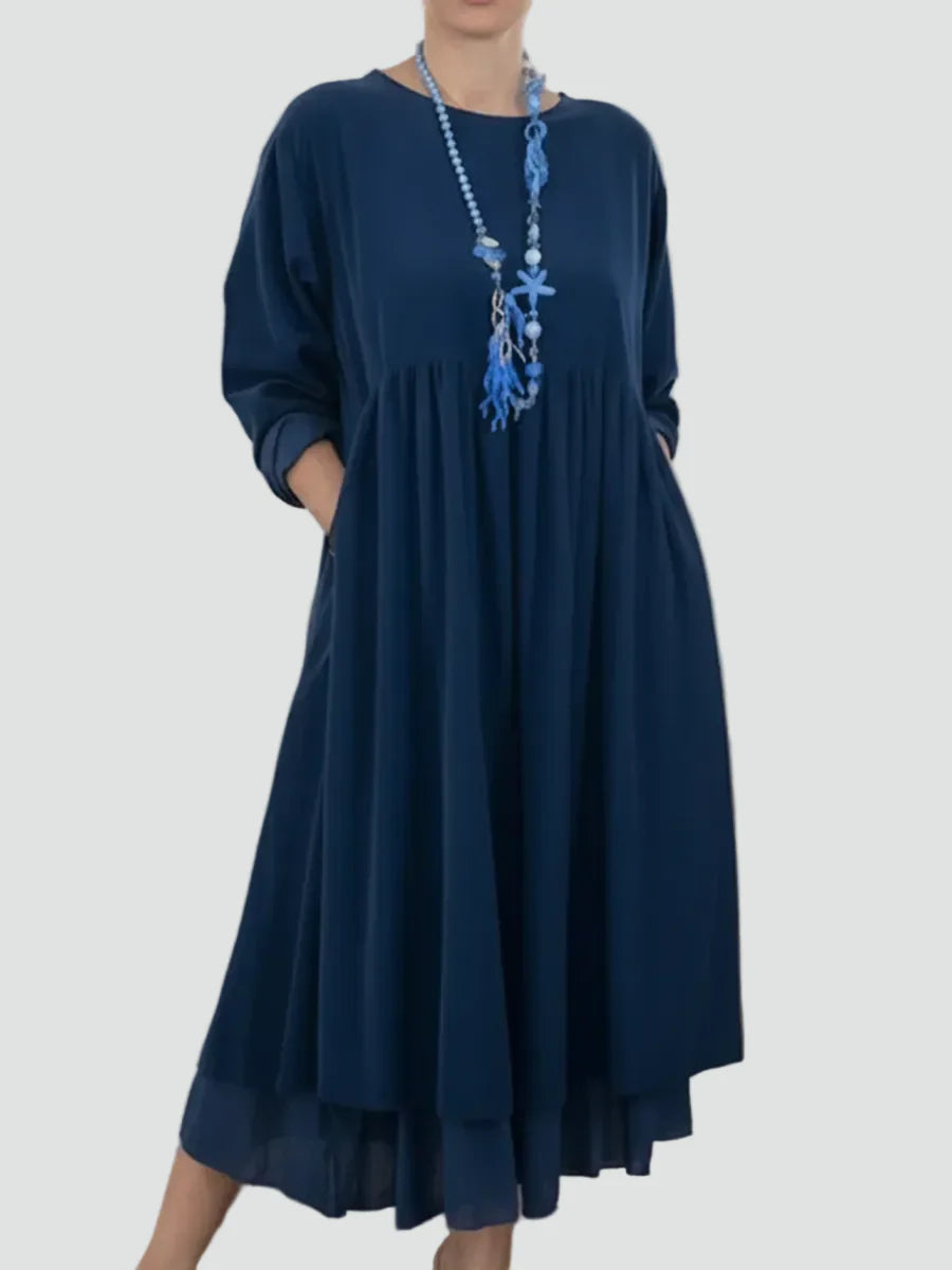Damen Elegante Midi Kleid Mit Lockere Passform Und Langen Ärmeln-Velnorah