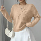 Damen Feinstrickpullover mit Reliefblume und Rundhalsausschnitt-Velnorah