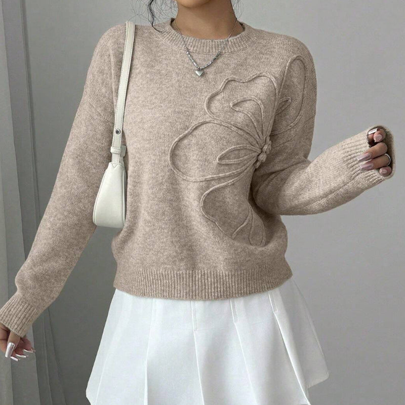 Damen Feinstrickpullover mit Reliefblume und Rundhalsausschnitt-Velnorah