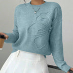 Damen Feinstrickpullover mit Reliefblume und Rundhalsausschnitt-Velnorah