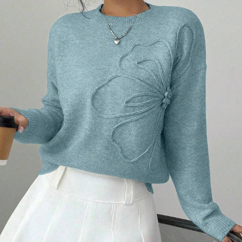 Damen Feinstrickpullover mit Reliefblume und Rundhalsausschnitt-Velnorah