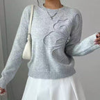 Damen Feinstrickpullover mit Reliefblume und Rundhalsausschnitt-Velnorah