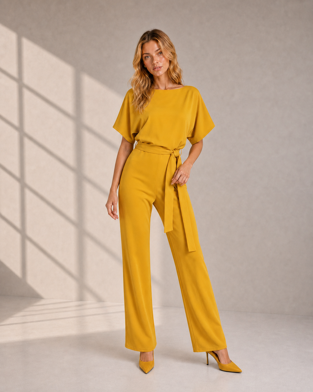 Eleganter Damen Jumpsuit mit weitem Bein und Taillenknoten - variant cover - Gelb