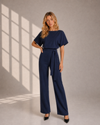 Eleganter Damen Jumpsuit mit weitem Bein und Taillenknoten - variant cover - Dunkelblau