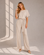 Eleganter Damen Jumpsuit mit weitem Bein und Taillenknoten - main cover - Aprikose