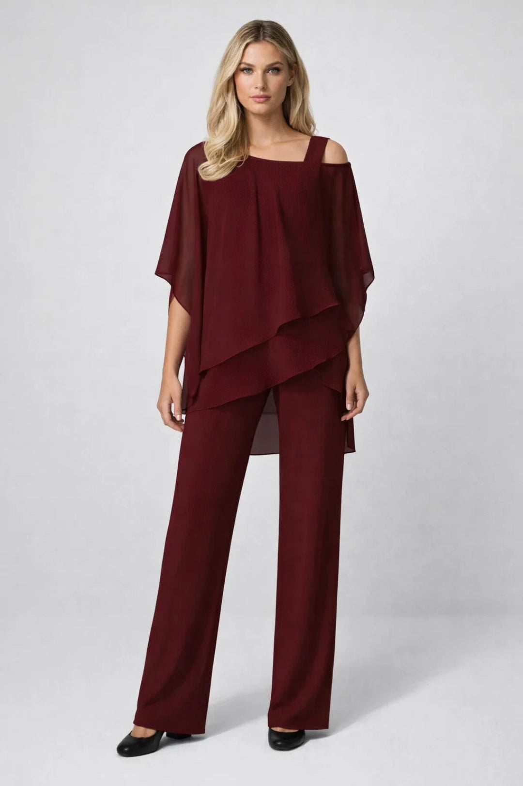 Damen Set Weite Bluse Gerade Hose Festlich Elegant-Velnorah
