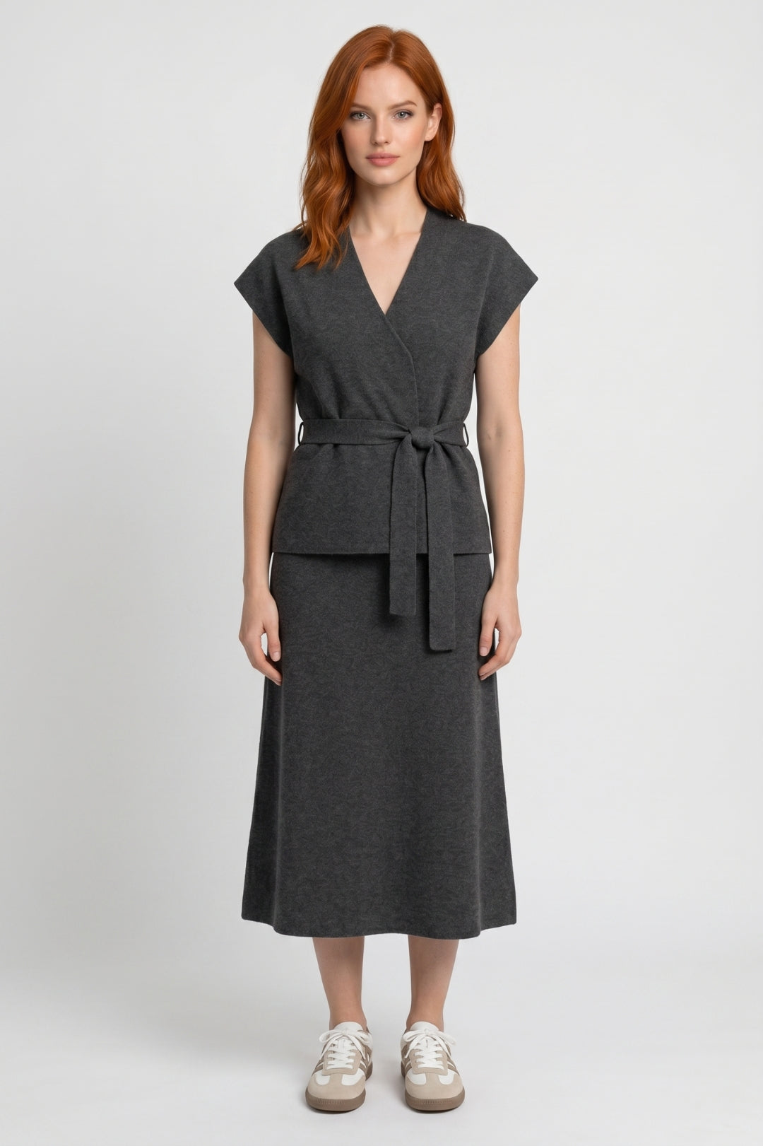 Damen Set Weste Midi Rock Strickgürtel Casual Semi-Formal-Velnorah