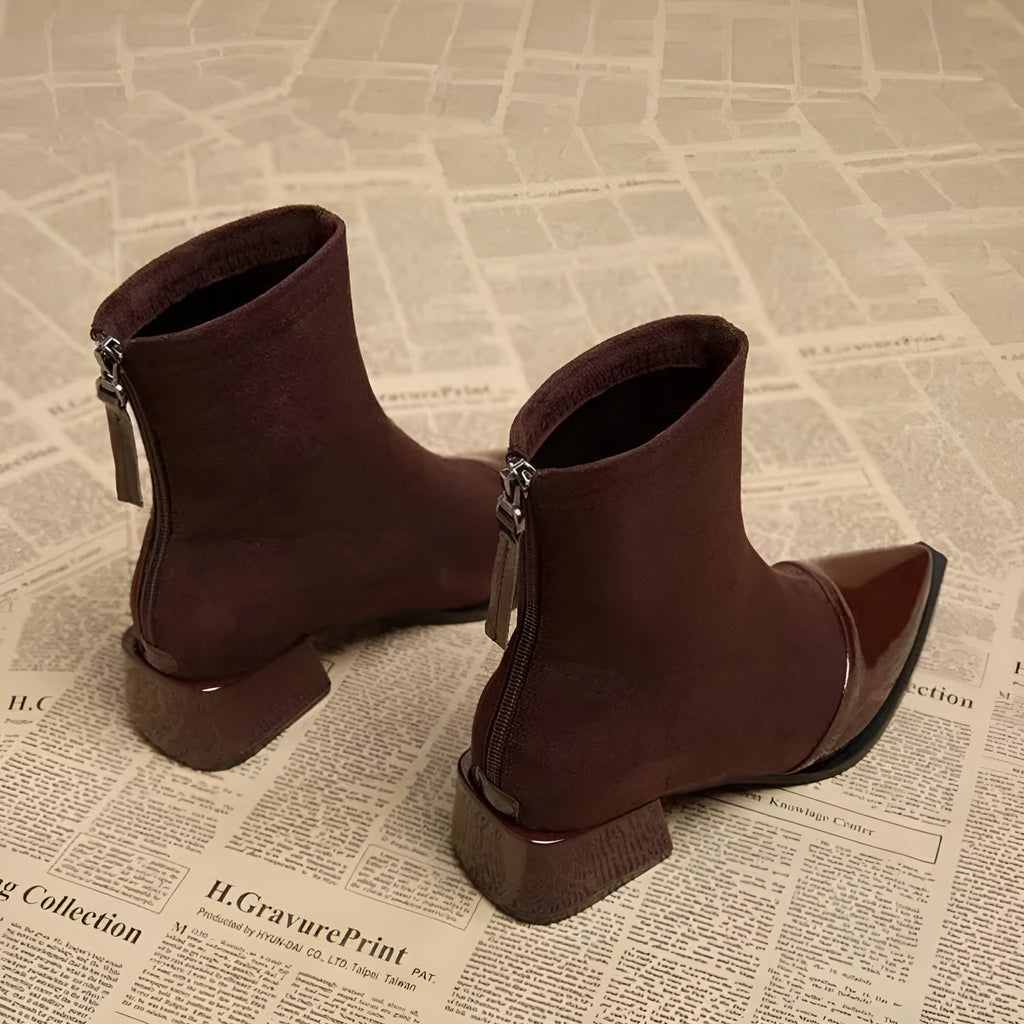 Damen Stiefeletten Wildleder Blockabsatz Lackdetails Elegant-Velnorah