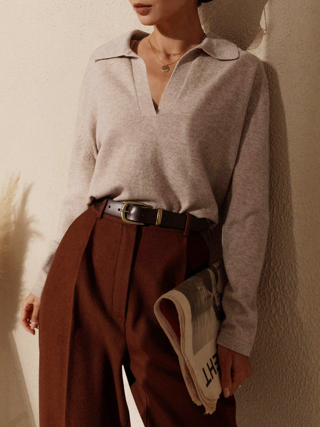 Damen Strickpullover mit Kragen V-Ausschnitt Passform-Velnorah