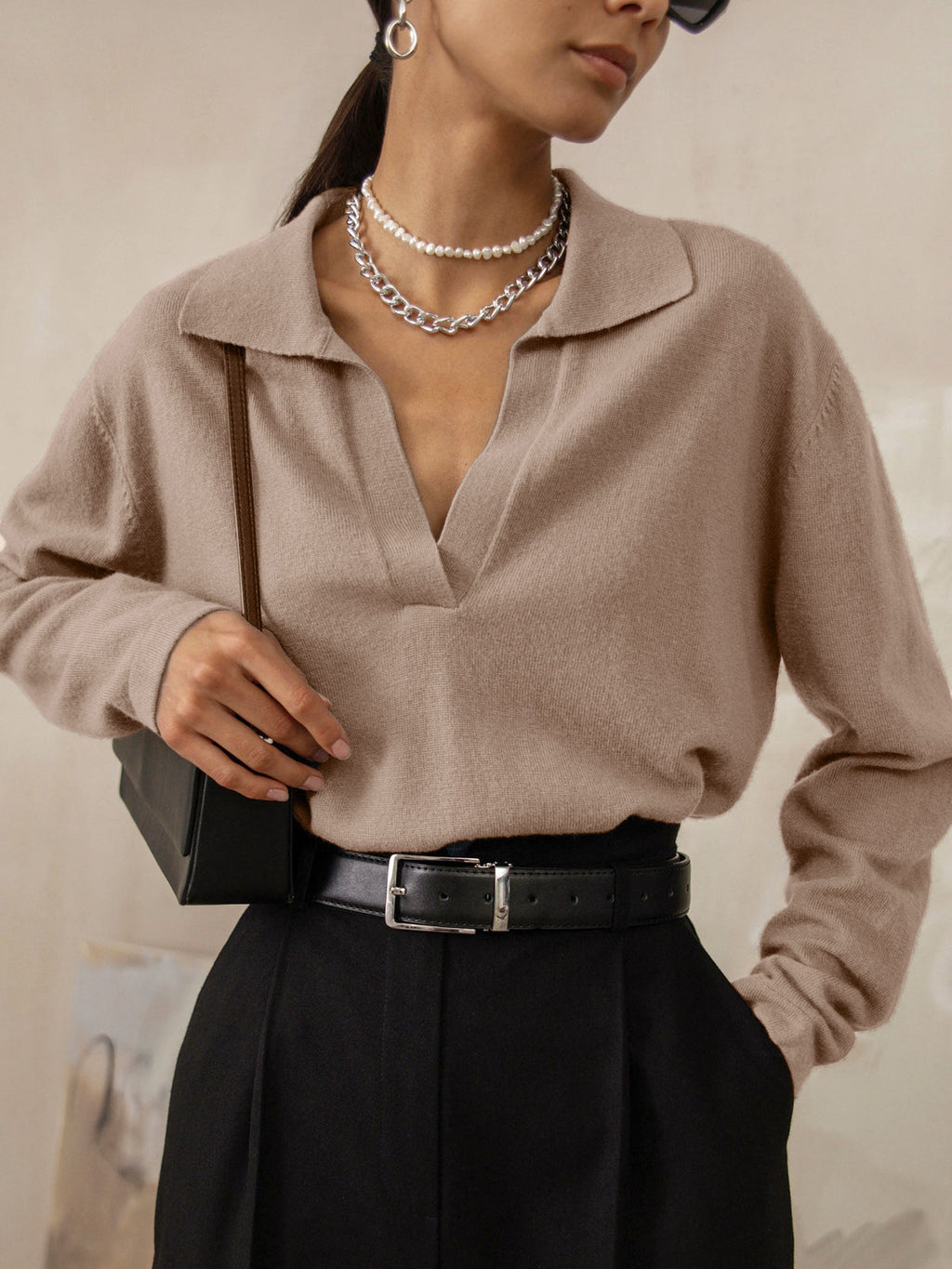 Damen Strickpullover mit Kragen V-Ausschnitt Passform-Velnorah