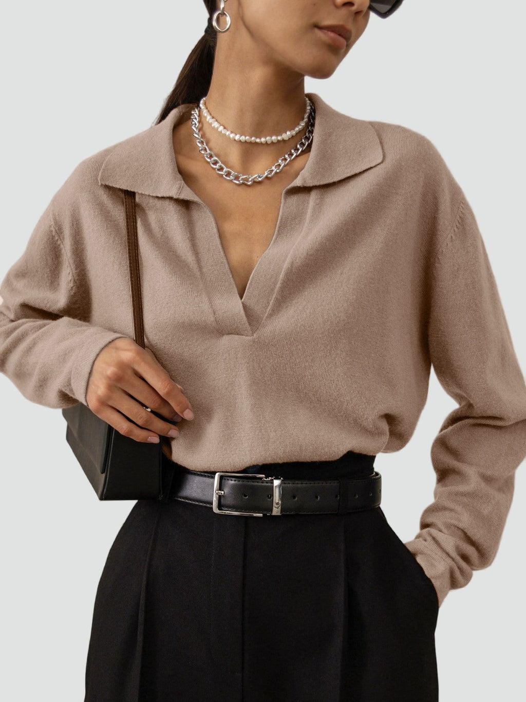 Damen Strickpullover mit Kragen V-Ausschnitt Passform-Velnorah