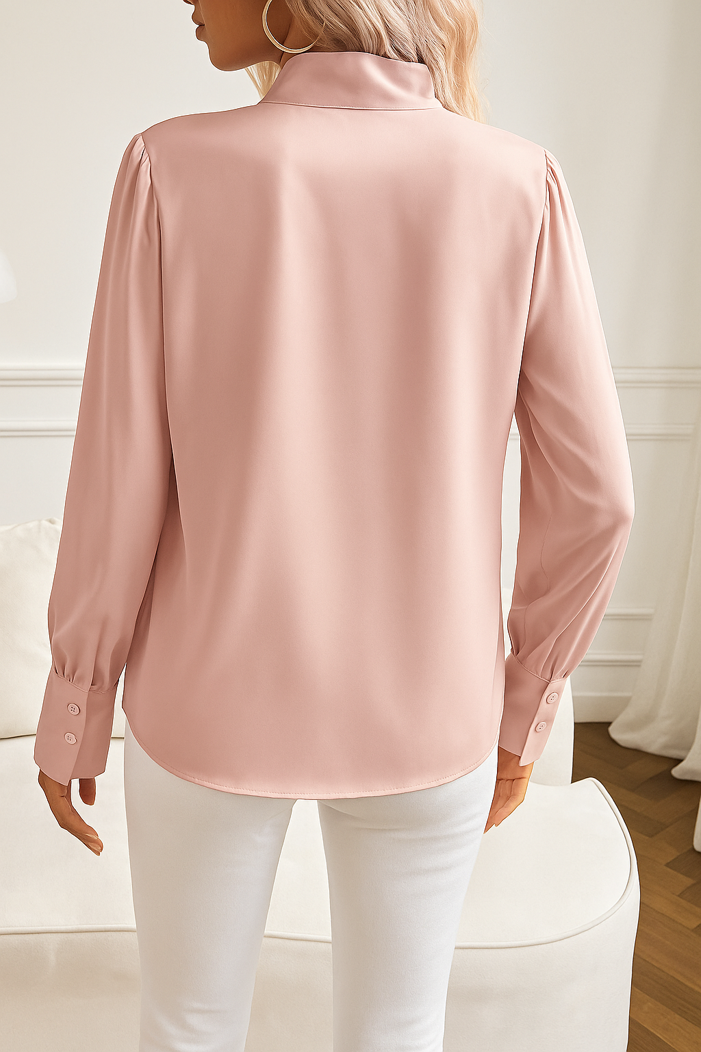 Elegante Damen Satinbluse mit Schleife und langen Ärmeln-Velnorah