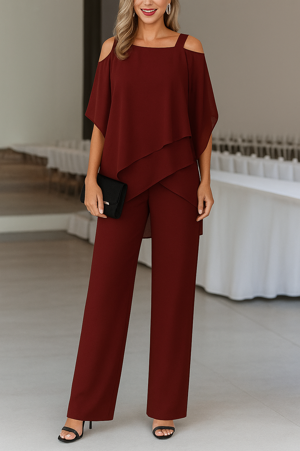 Elegantes Luftiges Damen Set Mit Off-Shoulder Top Und Weit Geschnittene Hose-Velnorah