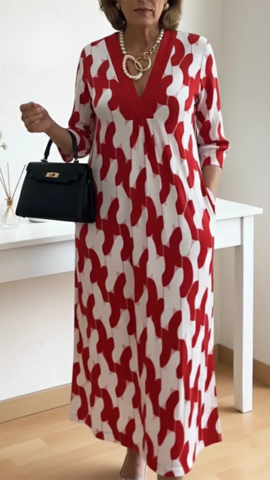 Elegantes Maxi-Kleid mit V-Ausschnitt und 3/4-Ärmeln für Frauen-Velnorah