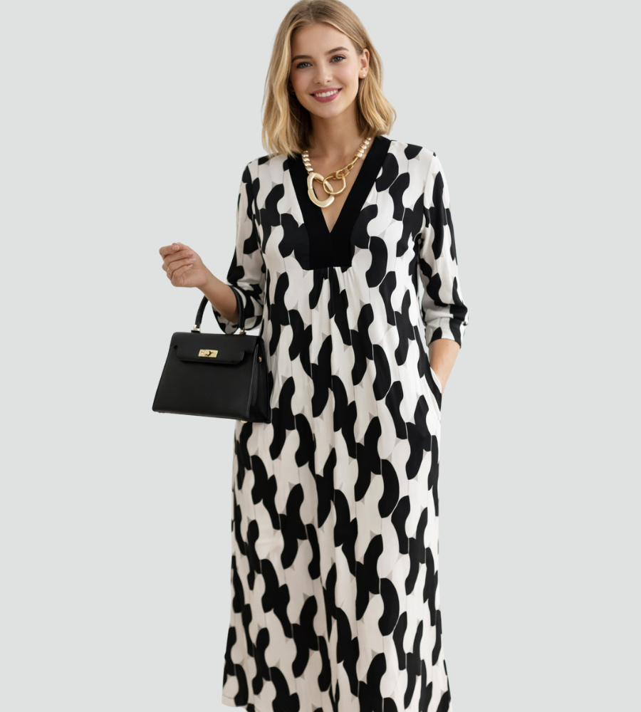 Elegantes Maxi-Kleid mit V-Ausschnitt und 3/4-Ärmeln für Frauen-Velnorah