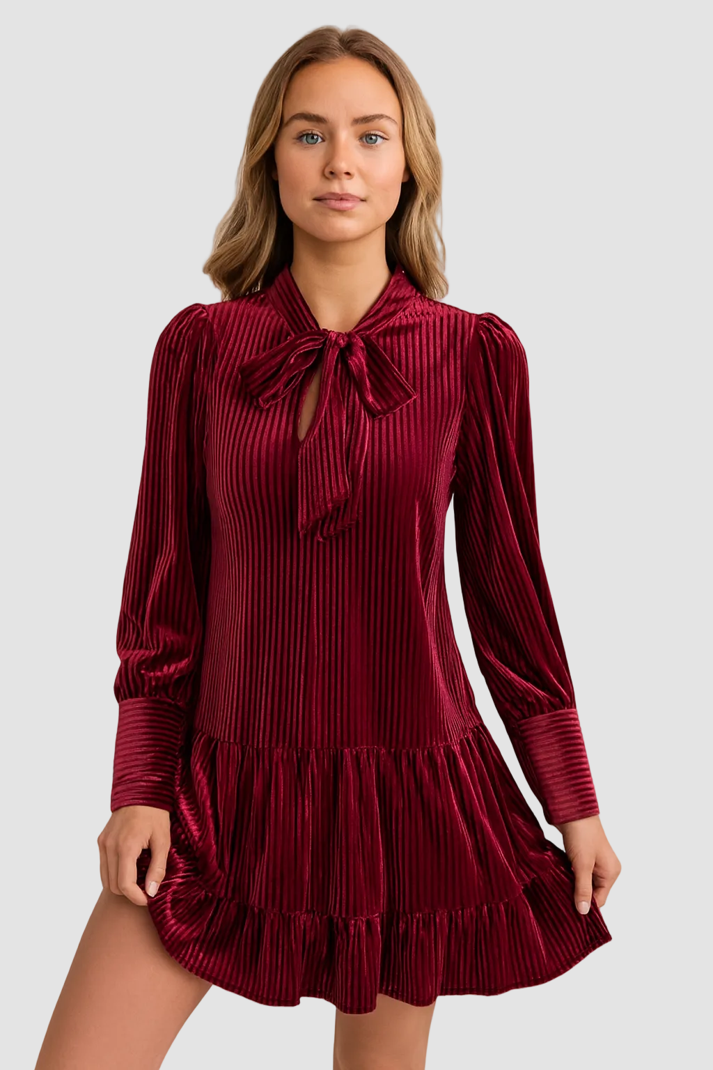 Elegantes Samt-Minijur mit langen Ärmeln und Schleifendetail für Damen-Velnorah