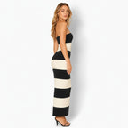 Gestreifte Maxi-Jurk Damen Strapless Schwarz Creme-Velnorah