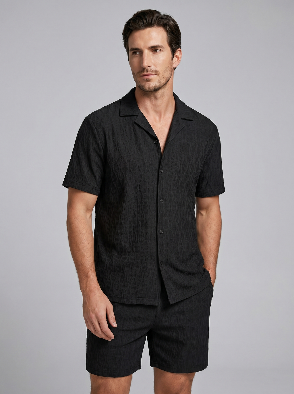 Herren Camp Shirt Shorts Jacquard Wave Sommer-Velnorah