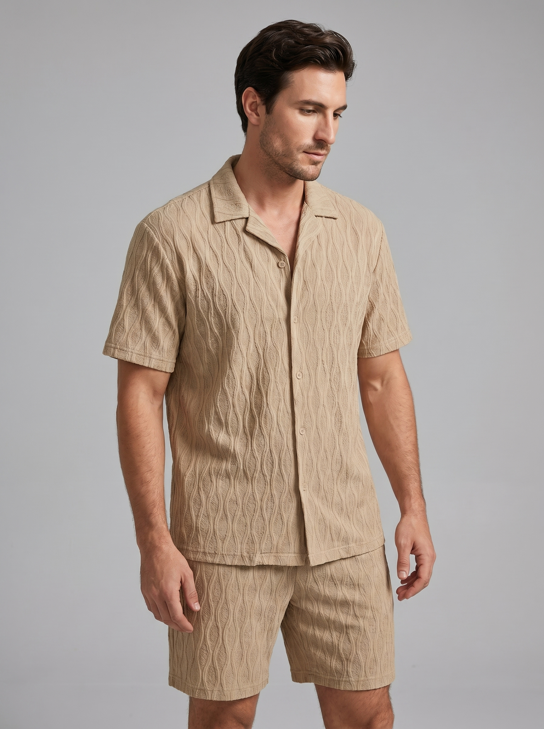 Herren Camp Shirt Shorts Jacquard Wave Sommer-Velnorah