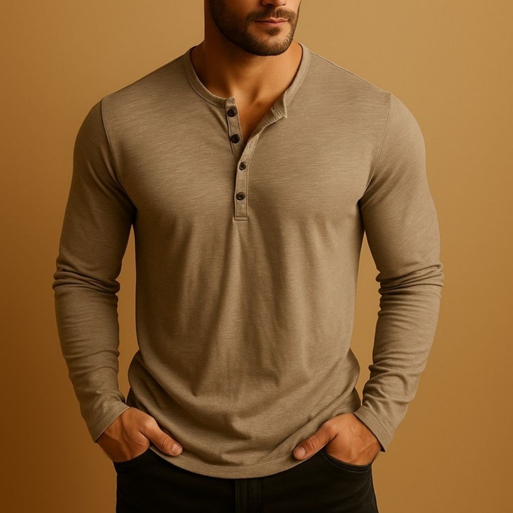 Herren Henley-Shirt Lange Ärmel Freizeitoberteil mit Knöpfen Komfort-Velnorah