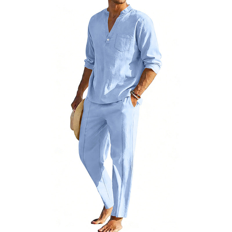 Herren Leinen-Zweiteiler mit Stehkragenhemd und Hose